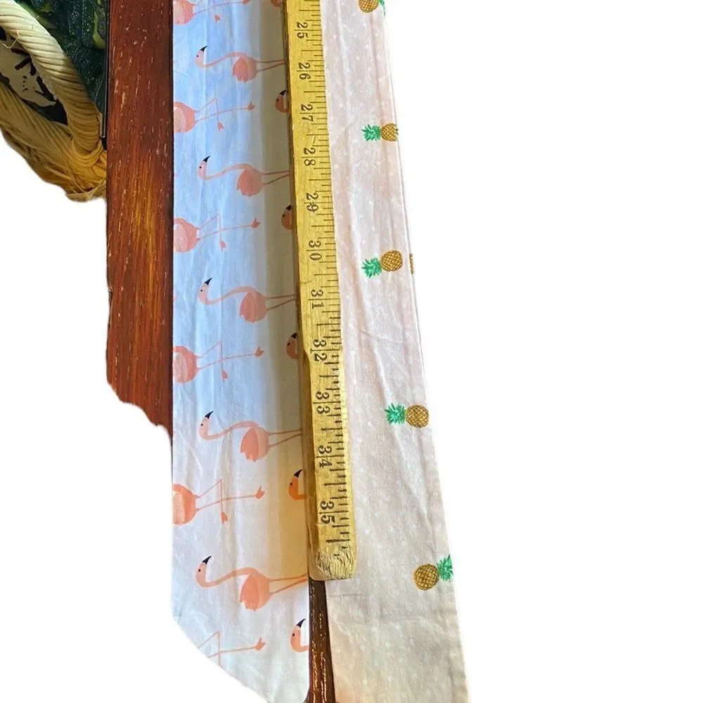 Tropical long thin white scarf with pink flamingos, also peach with pineapples